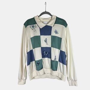 Alfred Dunner Butterfly Patchwork Sweater Top Collared Cottagecore XL